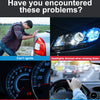 A collage of car battery problems including a person working on a car, dim headlights, a battery gauge, and someone creaking 