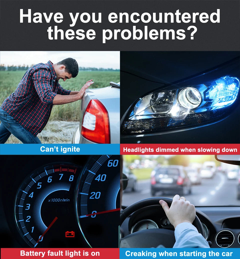 A collage of car battery problems including a person working on a car, dim headlights, a battery gauge, and someone creaking 