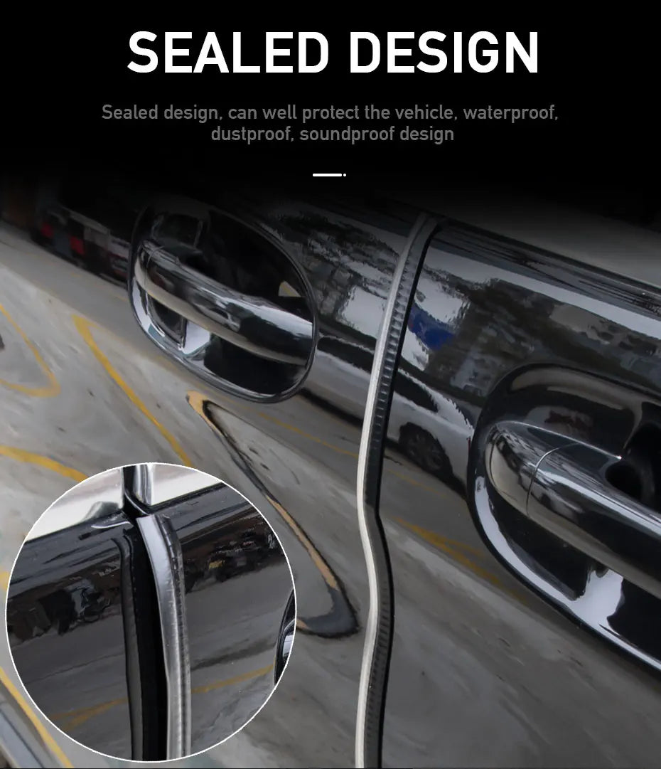 Close-up of a black car door showing a sealed design protection strip applied to the edge.