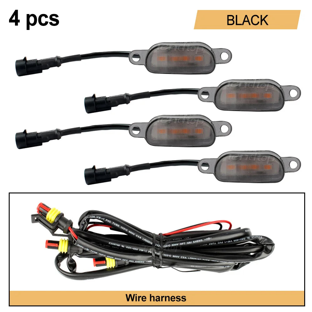 Black LED light kit with wire harness for vehicle front grille marker lights