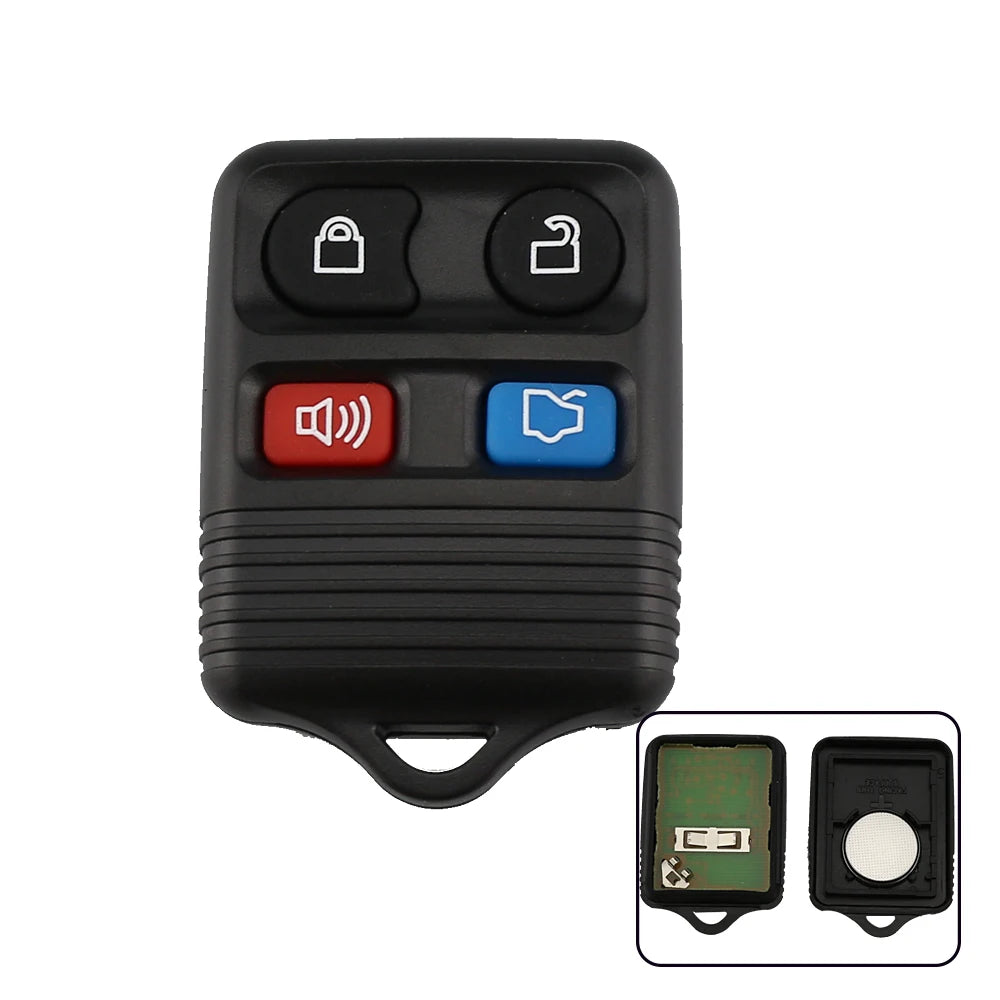 Black universal remote car key featuring lock and start buttons with a battery compartment shown below.