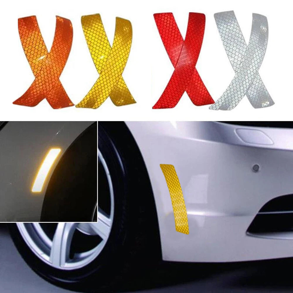 Four reflective warning strips in orange, yellow, red, and silver are shown alongside a close-up of a yellow strip on a car w