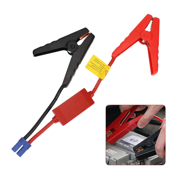A red and black universal battery jump starter cable with alligator clips and a connector.
