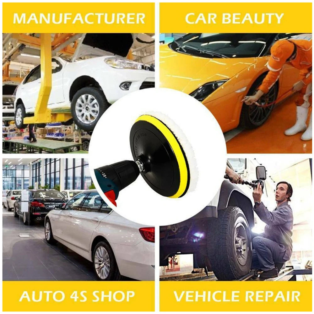 A kit for car beauty and repair including a wool buffing pad, shown in various automotive contexts.