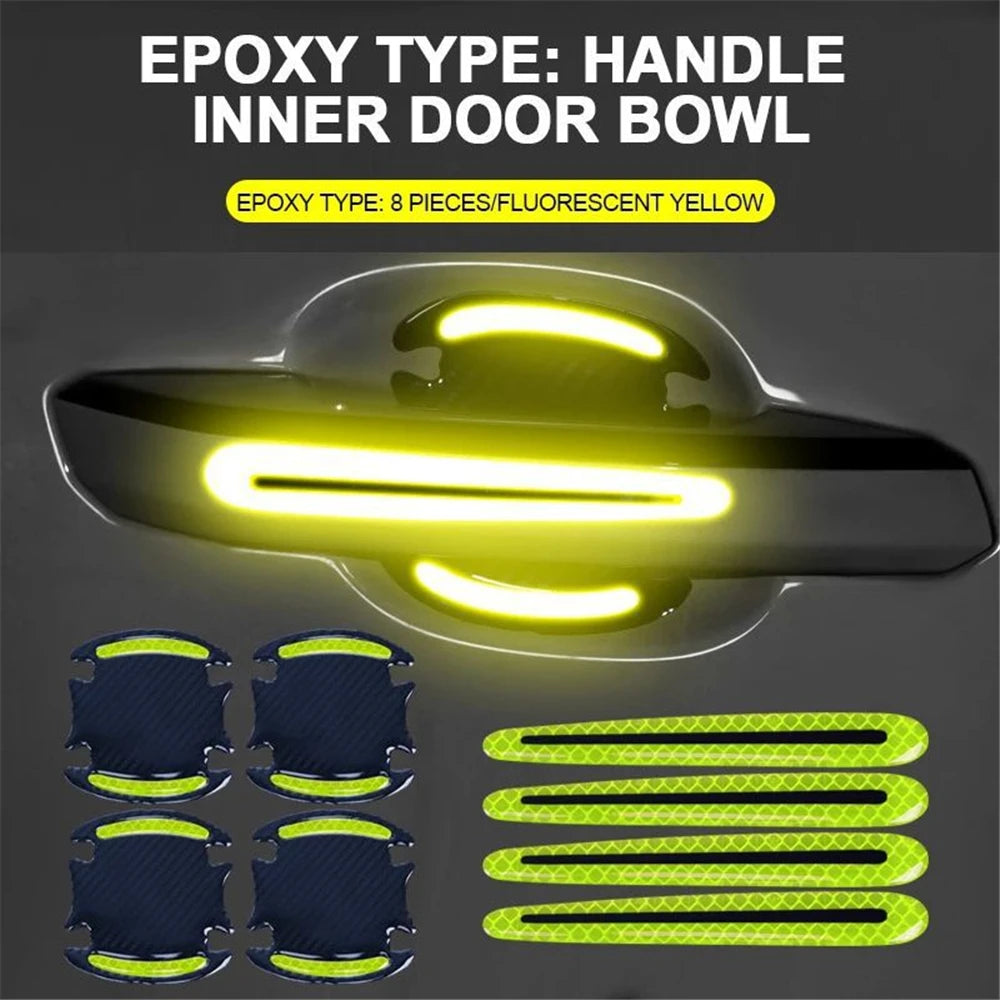 A set of eight fluorescent yellow epoxy type door bowl stickers for car door handle protection.