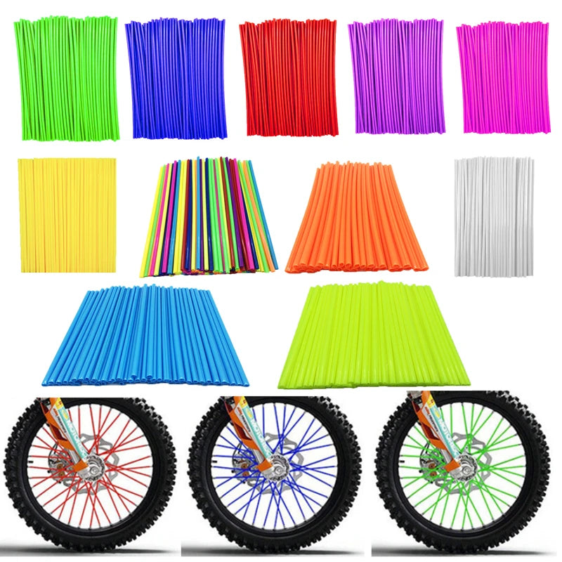 A collection of colorful motorcycle wheel rim spoke wrap kits and various colored plastic tubes.