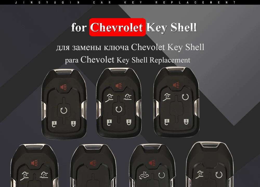 Ein Set universeller Schlüsselhüllenersatz für einen Chevrolet-Schlüssel in verschiedenen Designs.