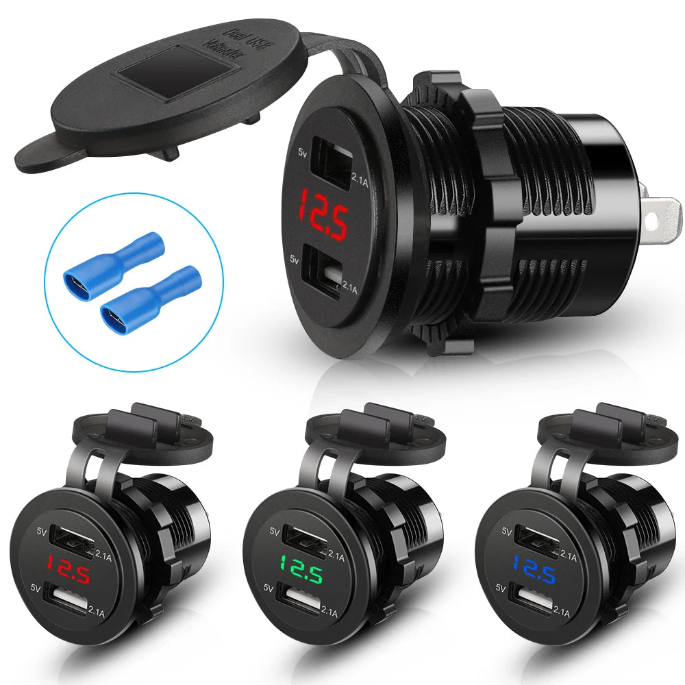 Schwarzer Dual-USB-Auto-Ladegerät-Adapter in verschiedenen Formen, einschließlich eigenständiger und montierter Versionen.
