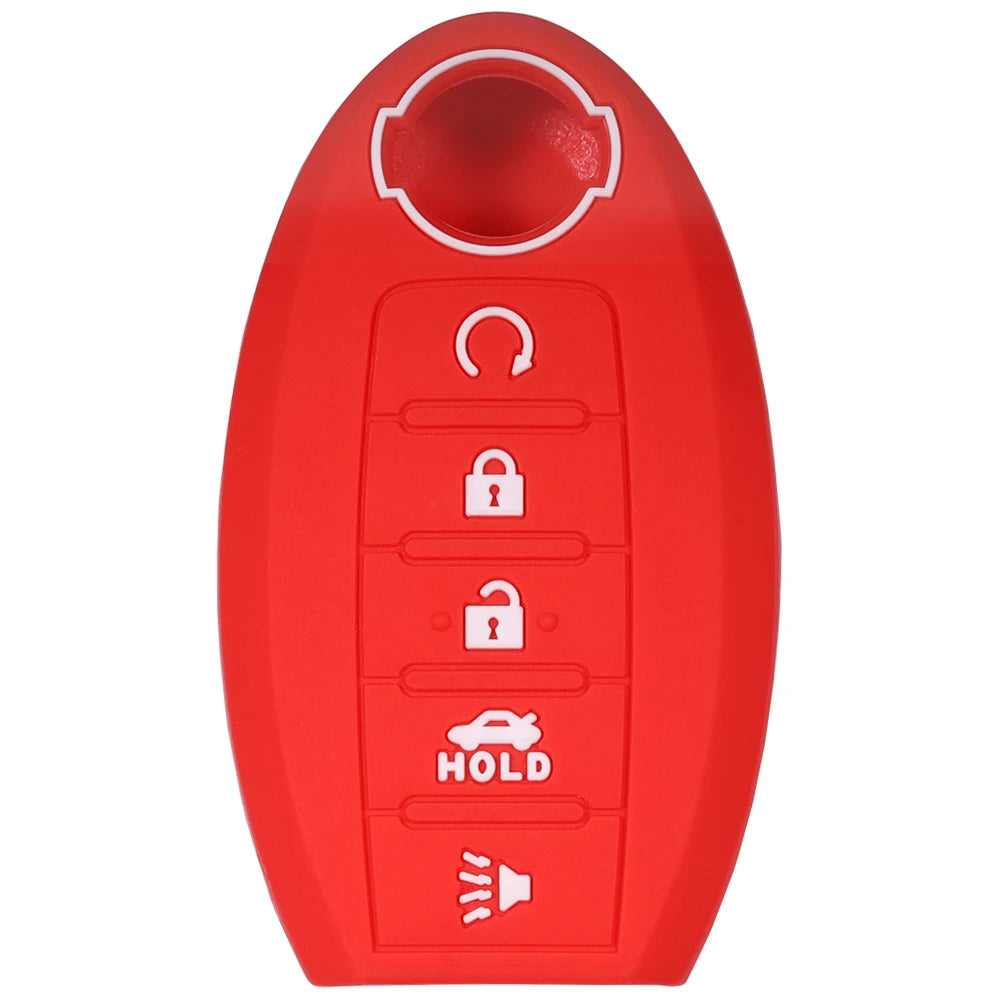Red silicone cover for a universal car key fob featuring symbols for unlock, lock, and hold.