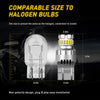A comparison showing a T20 LED bulb size comparable to halogen bulbs, highlighting its non-polarity design for easy installat