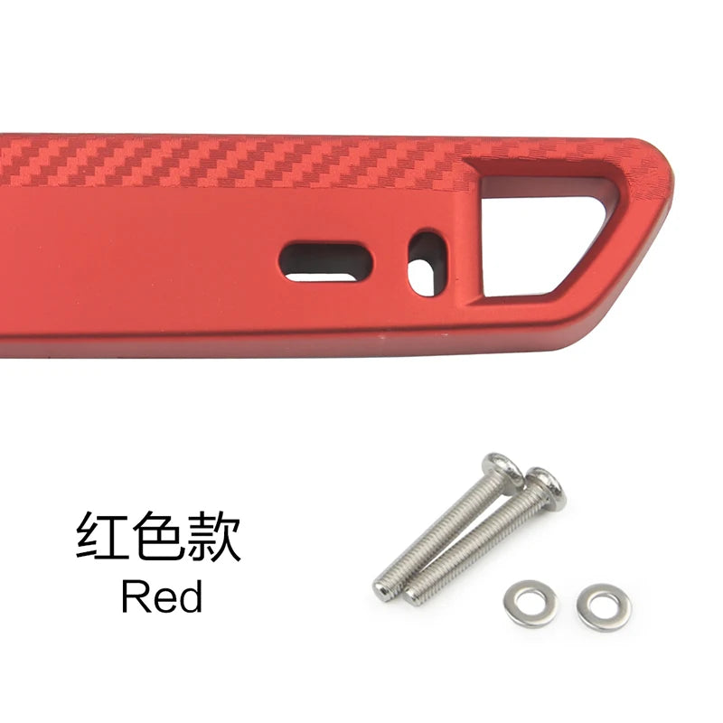 Red adjustable universal car license plate holder with mounting screws and washers