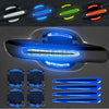 Various blue and green light effects demonstrating 3D carbon fiber car door handle protector stickers.