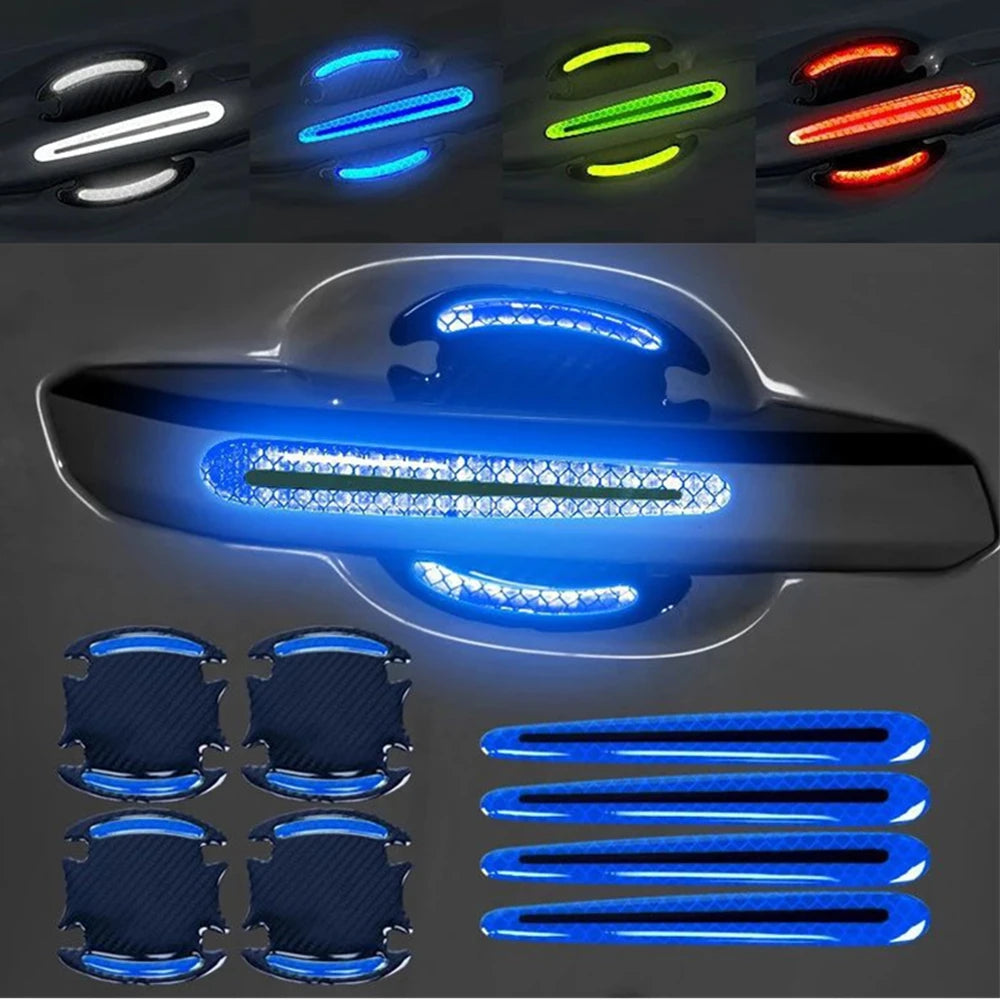 Various blue and green light effects demonstrating 3D carbon fiber car door handle protector stickers.
