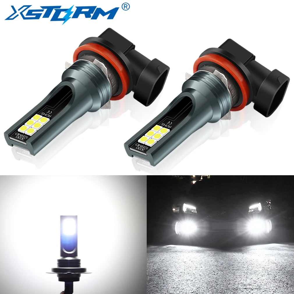Ein Paar super helle 12V LED-Nebelscheinwerfer für den Tagfahrbetrieb, mit Ansicht der Leuchteinheit und einer Nahaufnahme de