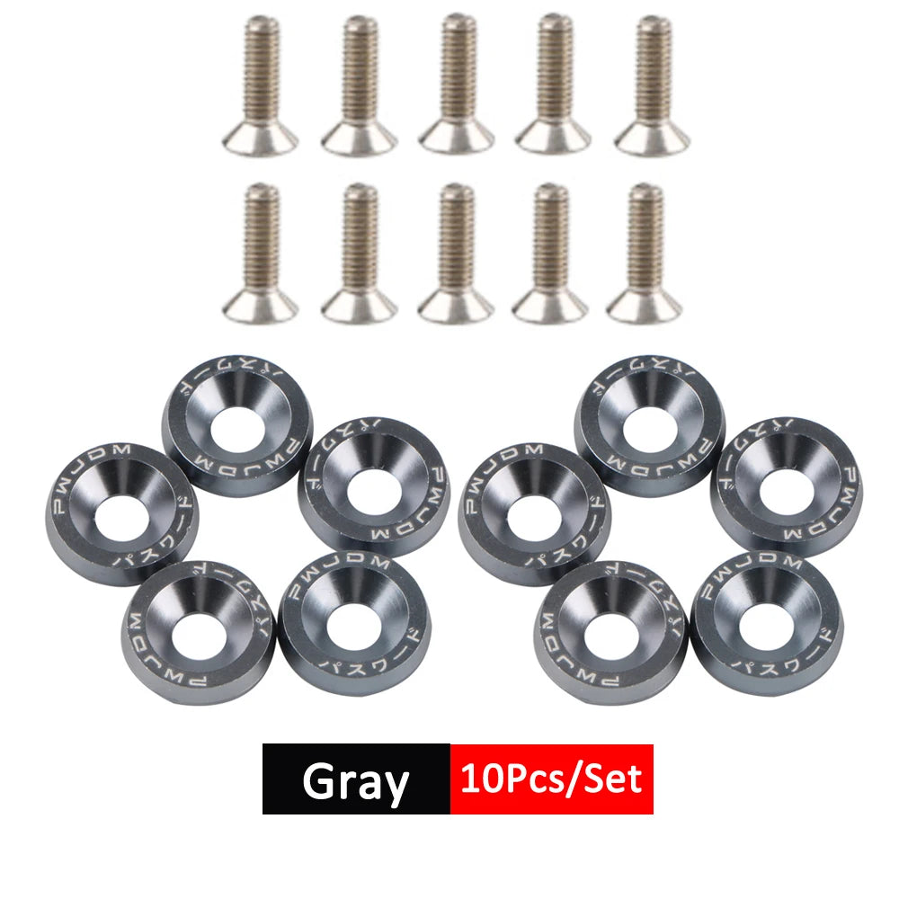 A set of 10 gray anodized aluminum fender and bumper hardware bolts and rivets.