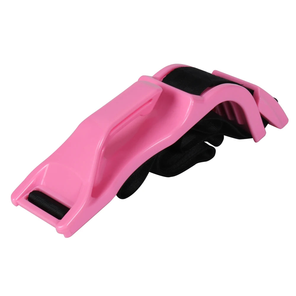 A pink adjustable car seat belt for pregnancy comfort with black padding.
