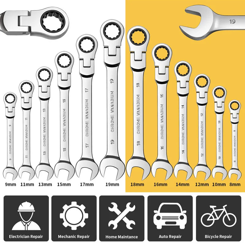 A set of flexible pivoting head ratchet wrenches in various sizes, including 8mm to 19mm, shown alongside tools for electrica