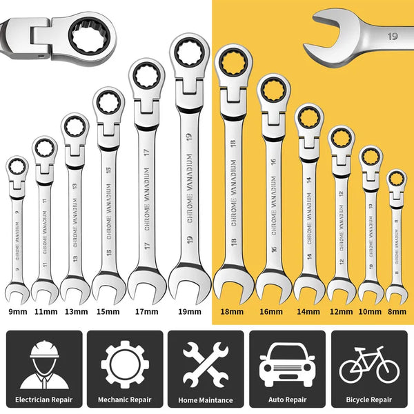 A set of flexible pivoting head ratchet wrenches in various sizes, including 8mm to 19mm, shown alongside tools for electrica