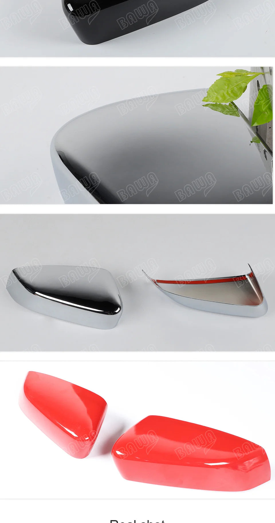 A set of automotive rearview mirror covers in black, silver, and red plastic shells.