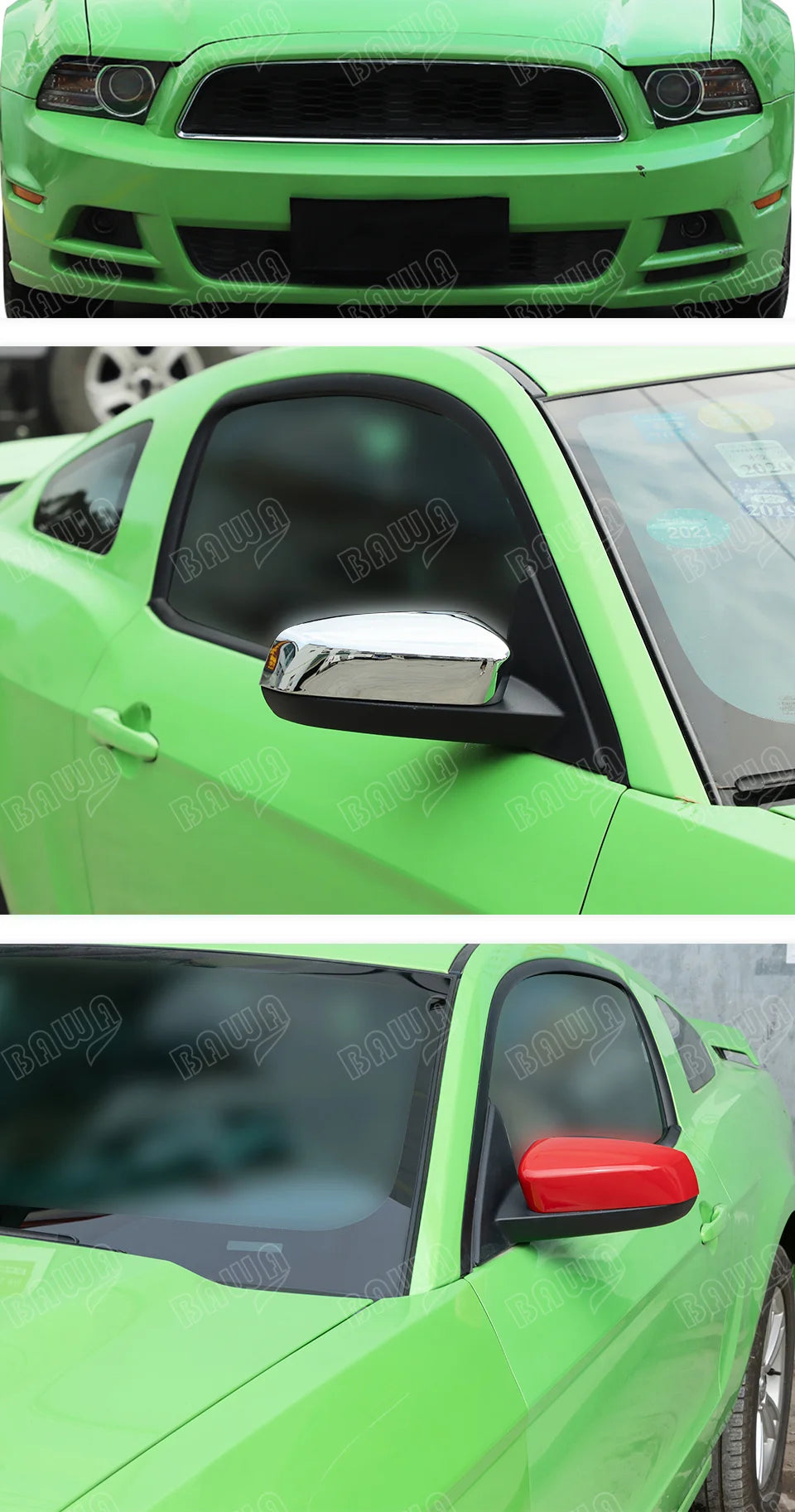 Close-up view of a green Ford Mustang with aftermarket rearview mirror covers installed.