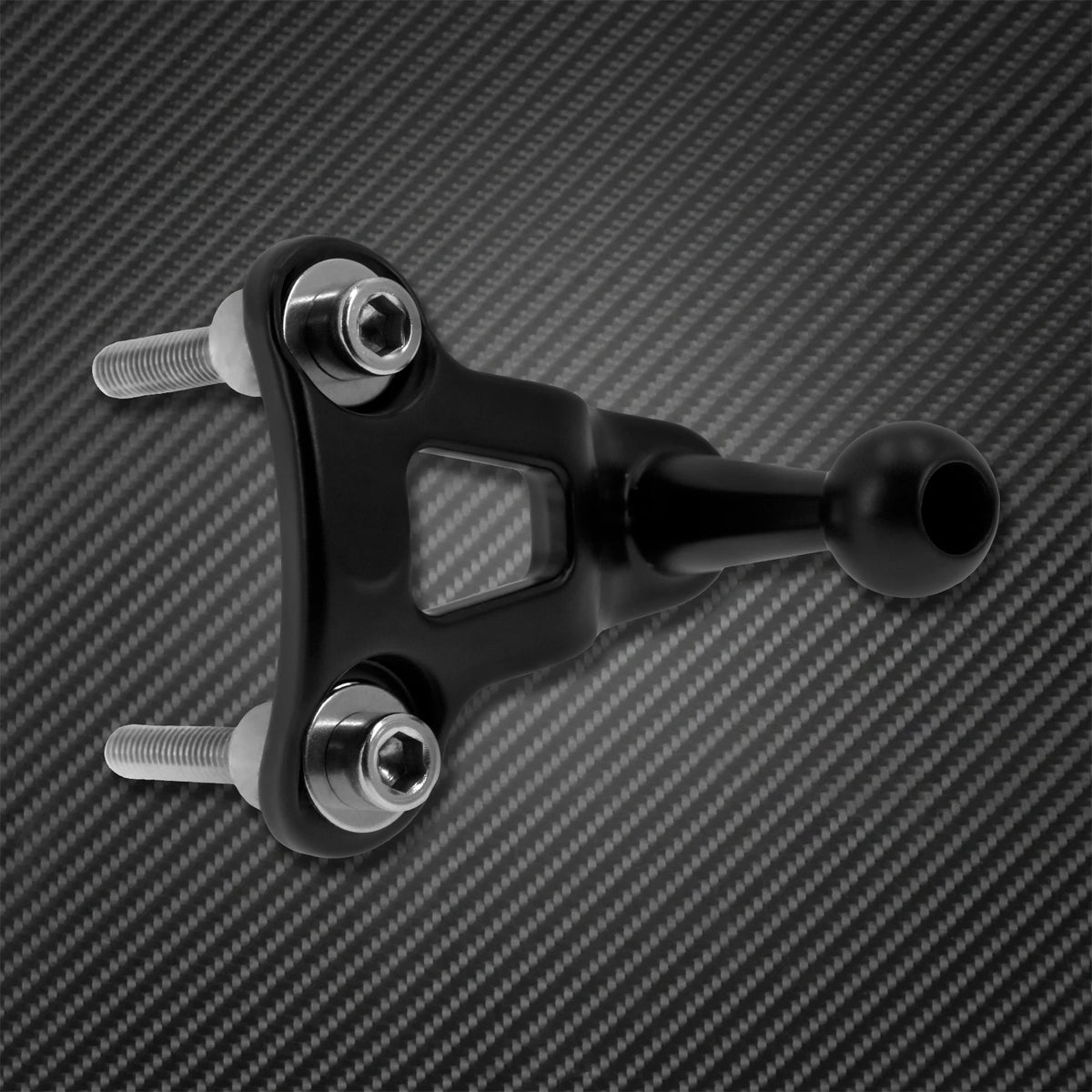 Support universel pour téléphone moto noir avec points de montage filetés sur fond de fibre de carbone noire.