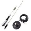 Antenne mobile double bande avec fil enroulé et plaque de base noire.
