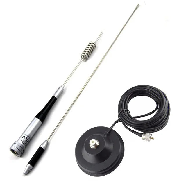 Antenne mobile double bande avec fil enroulé et plaque de base noire.