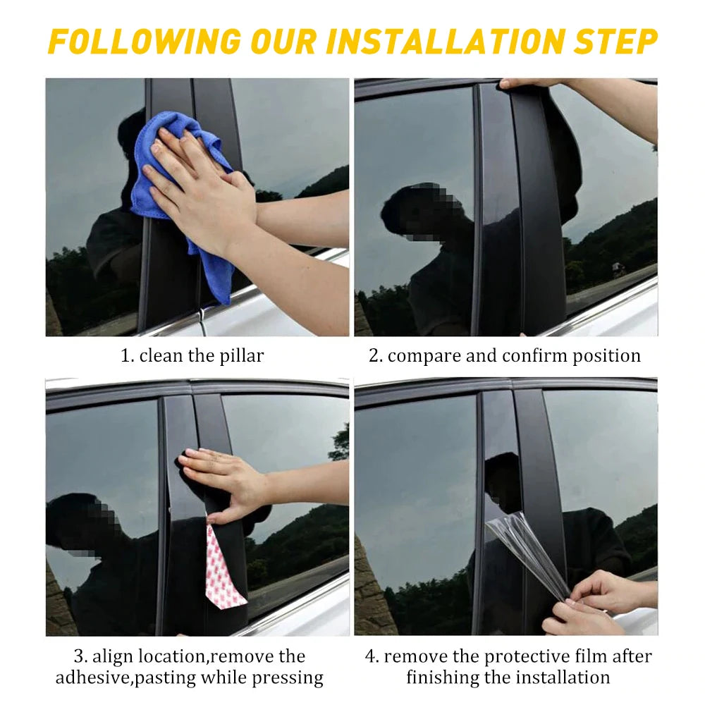Vier Schritte zur Installation der glänzenden schwarzen Türpfosten-Zierabdeckungen für ein Auto-Fenster.