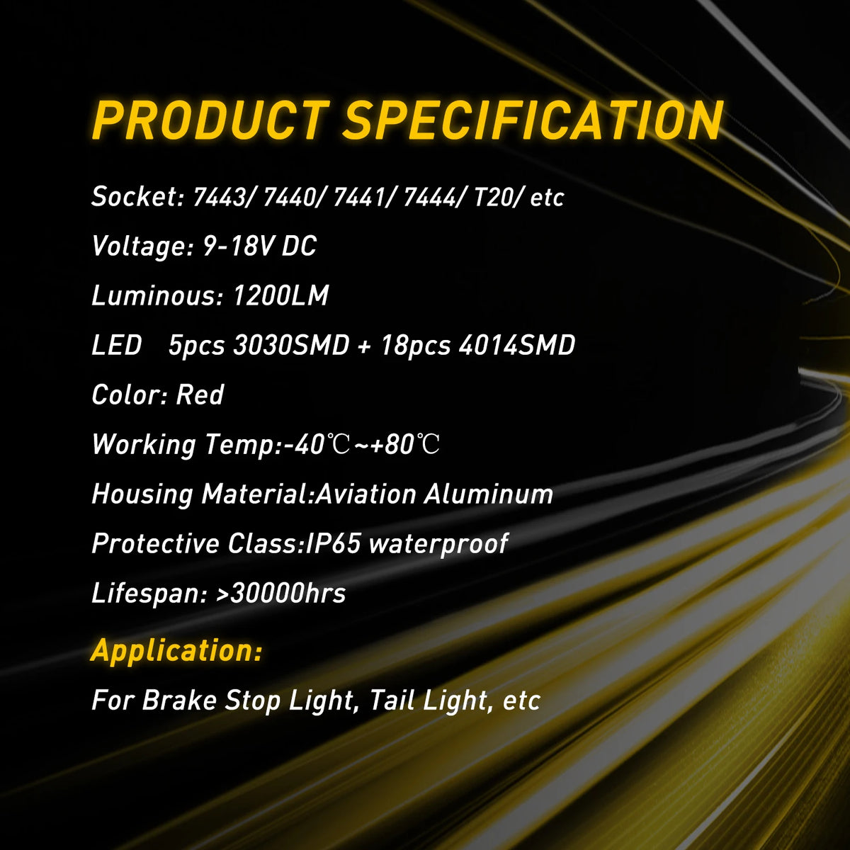 Product specification sheet detailing technical details for LED brake stop and tail light bulbs
