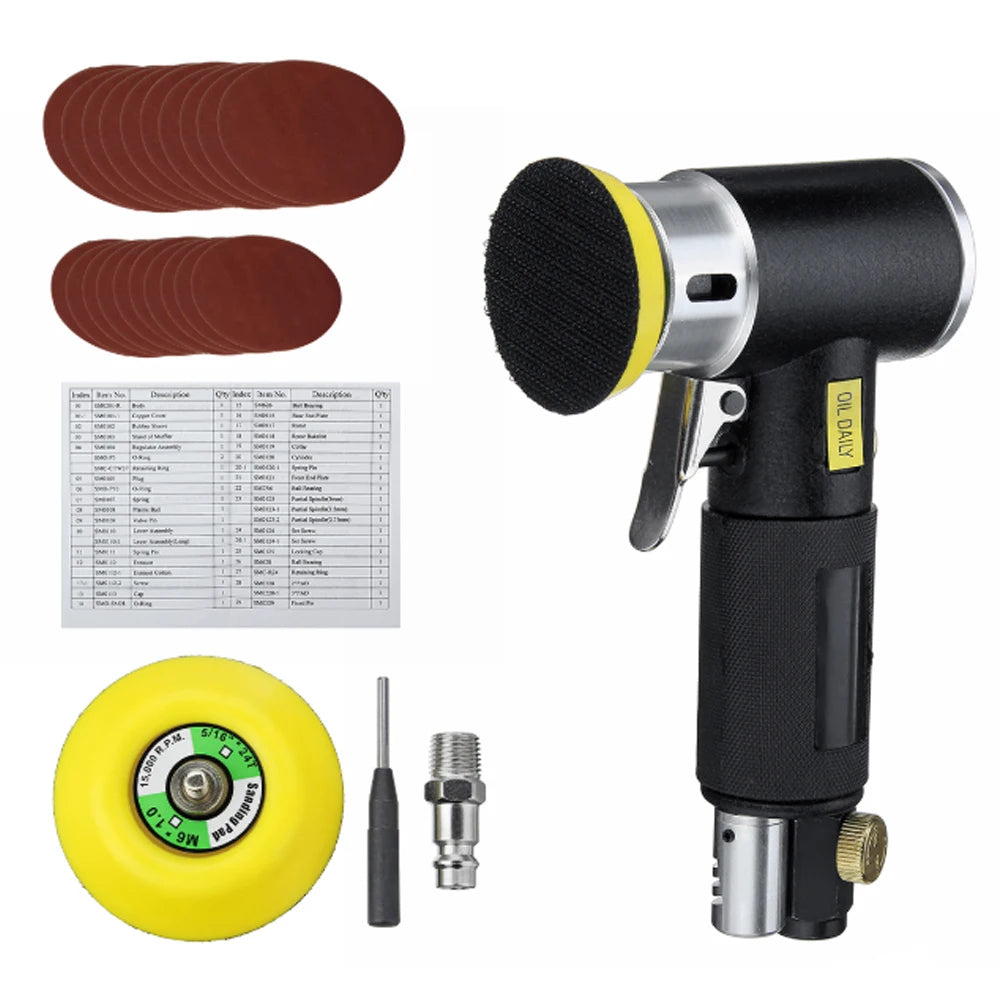 A kit for mini air orbital sanding and polishing, including sanding discs, a sander tool, and accessories.