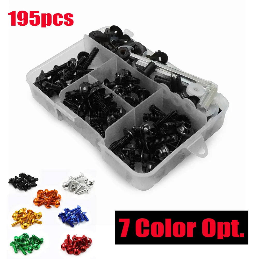 A plastic container holding 195 motorcycle fairing bolts in various colors including black silver gold blue and green.