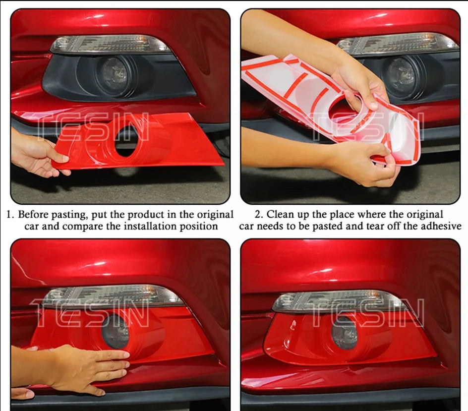 Instrucciones de instalación para un conjunto de luz antiniebla de fibra de carbono en un parachoques rojo.