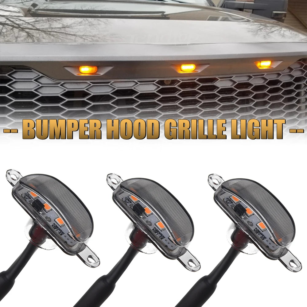 Close-up view of a bumper hood grille light kit for a truck, showing the LED light assembly.