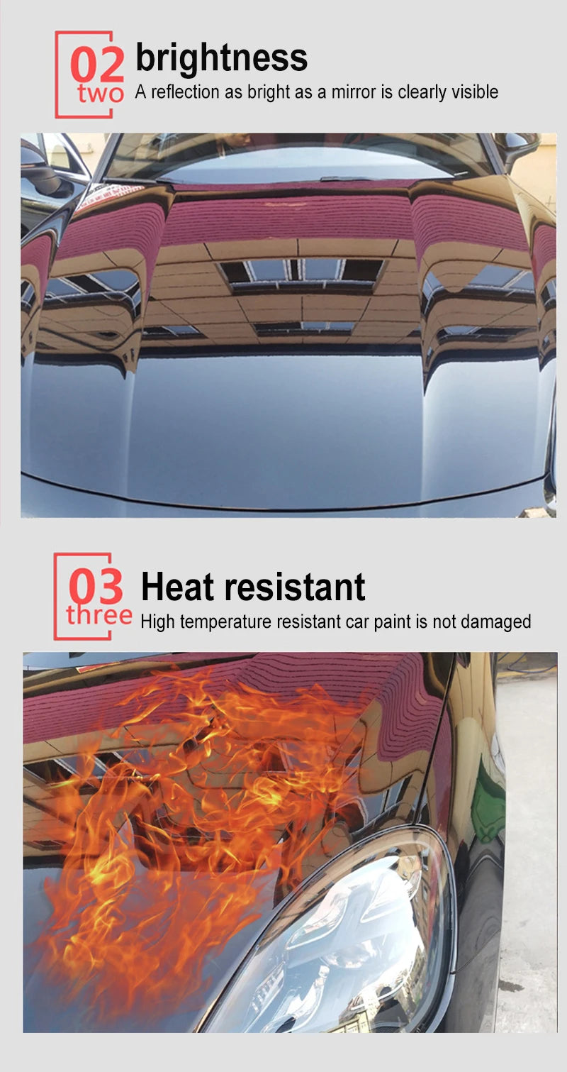 Three sections demonstrating the brightness and heat resistance of a ceramic coating on car paint.