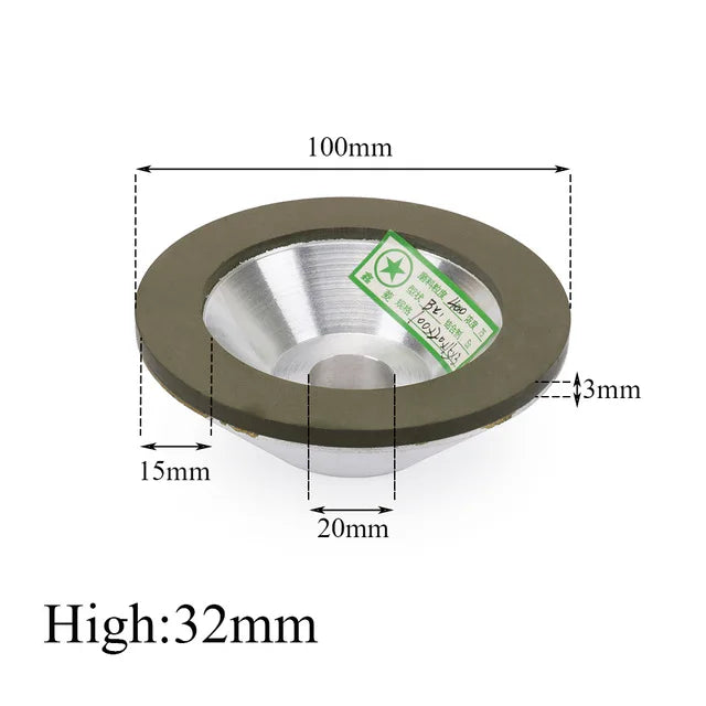 Präzise Diamantschleiftasse mit 100 mm Durchmesser und 32 mm Höhe, Top-Down-Ansicht.