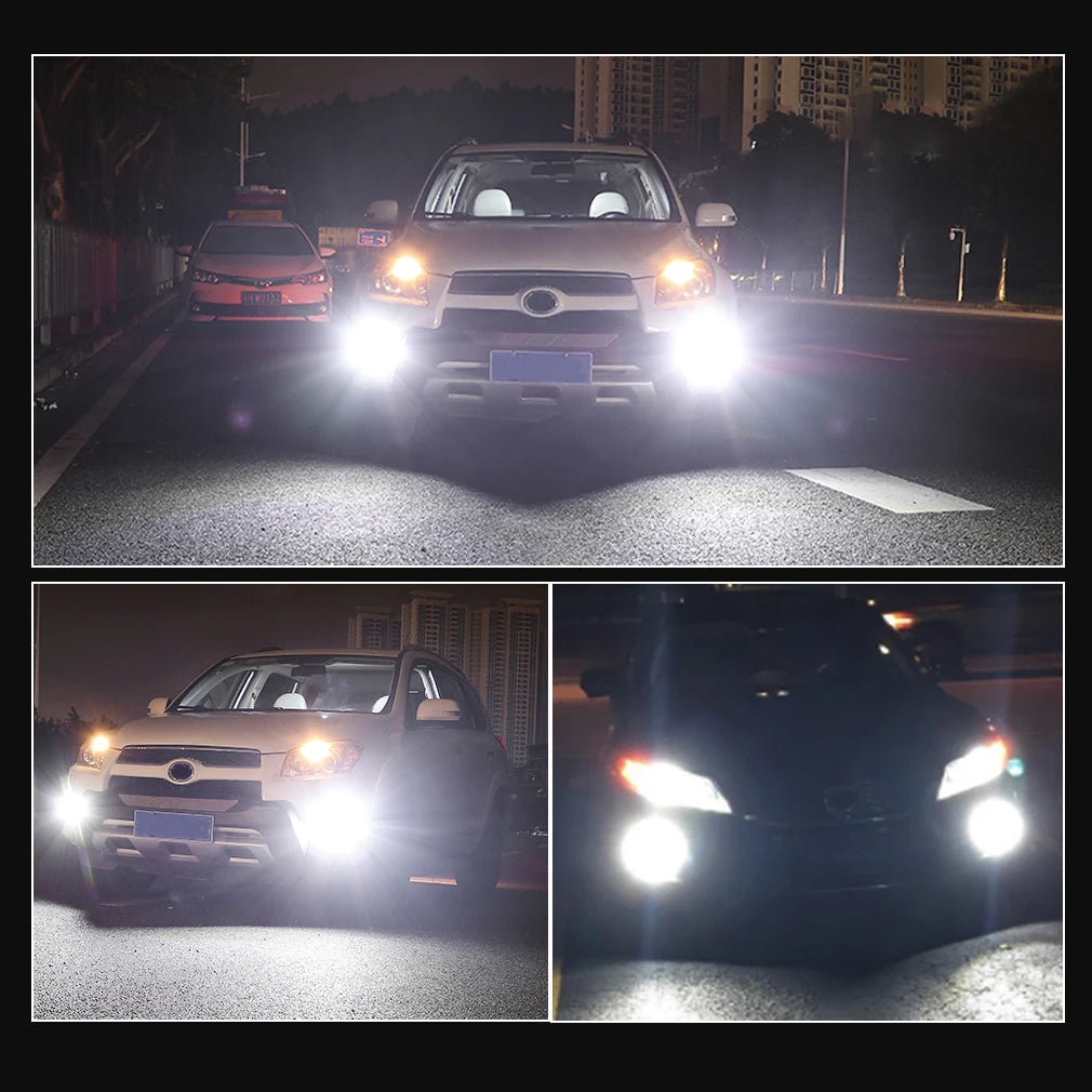 Zwei Bilder der super hellen 12V LED-Nebelscheinwerfer für den Tagfahrbetrieb auf einer Straße.