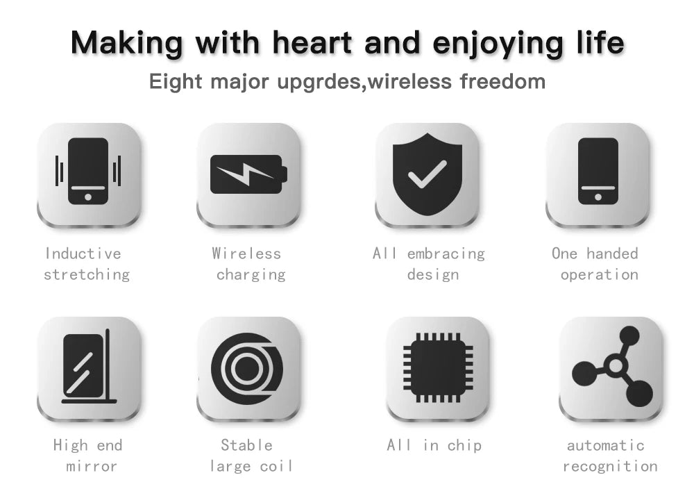 Icons illustrating eight major upgrades for a magnetic wireless car charger including inductive stretching, wireless charging