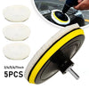 A set of five black and yellow wool buffing pads for car polishing and detailing.