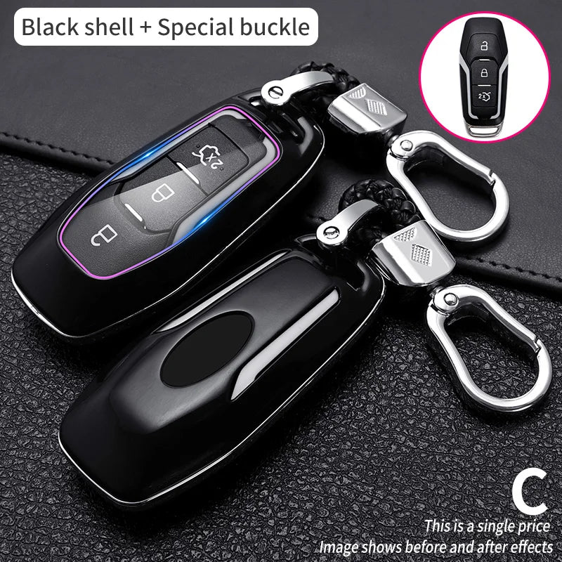 Black shell and special buckle car key cover with a silver keychain attachment