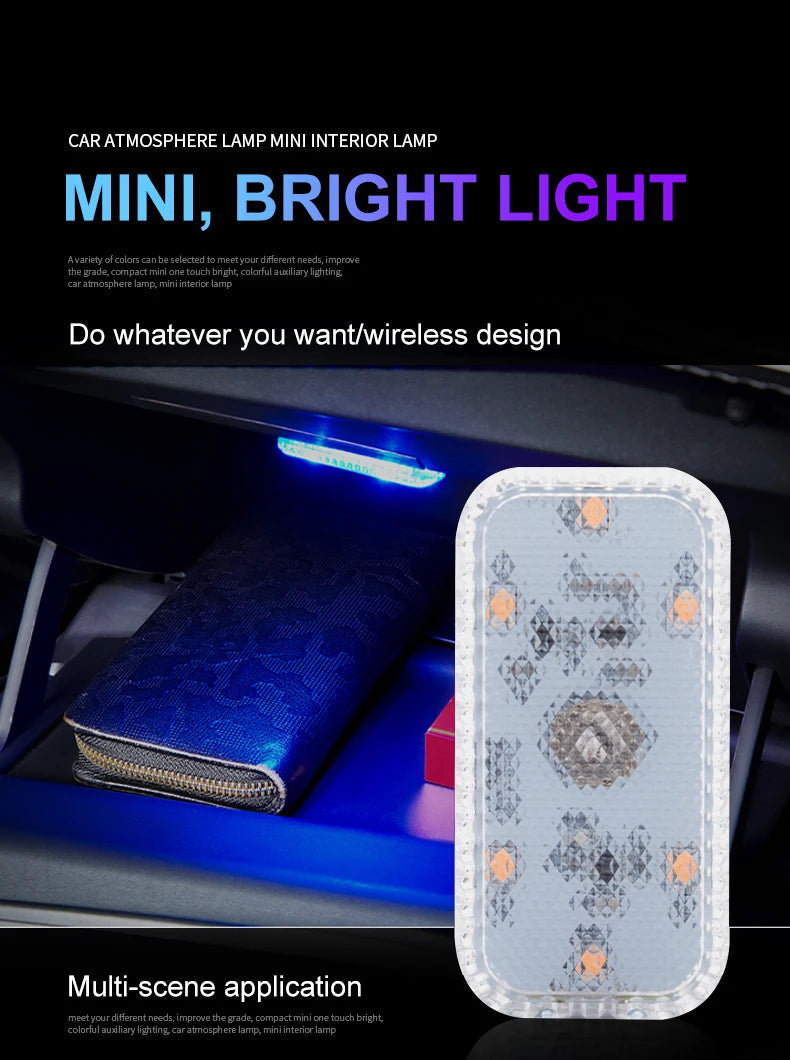 A white mini wireless LED touch lamp is shown inside a car interior, illuminating a patterned surface.