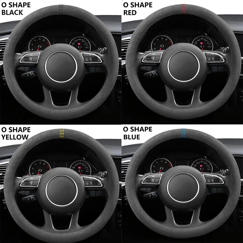 Four steering wheel covers in black, red, yellow, and blue suede for VW Golf, Passat, and Polo cars