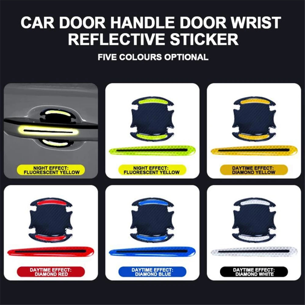 Five color reflective stickers for car door handles, including fluorescent yellow and diamond yellow/red/blue/white options.