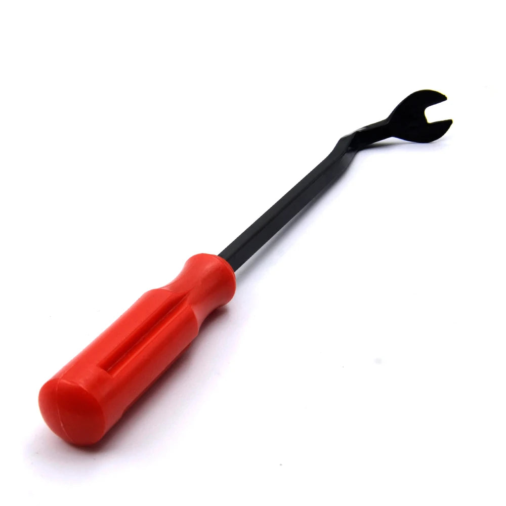 A red and black car trim clip removal pliers with a long handle.