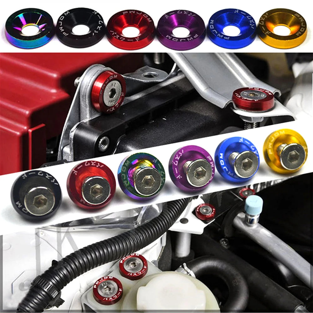 A collection of anodized aluminum fender and bumper hardware, including various colored mounting rings and brackets.