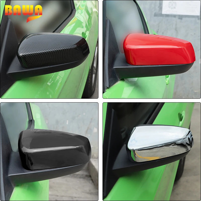 Set of black and red ABS protection shell rearview mirror covers for a Ford Mustang, showing different angles.
