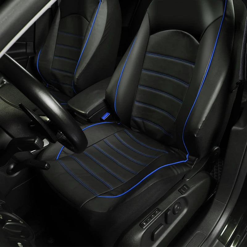 Black faux leather car seat covers for front and split bench seats shown in a vehicle interior.