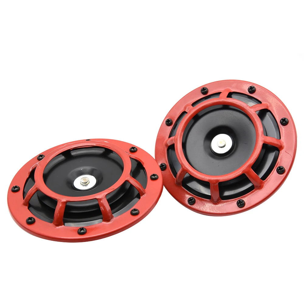 A pair of dual tone electric air horn kits, featuring black and red components for vehicles.