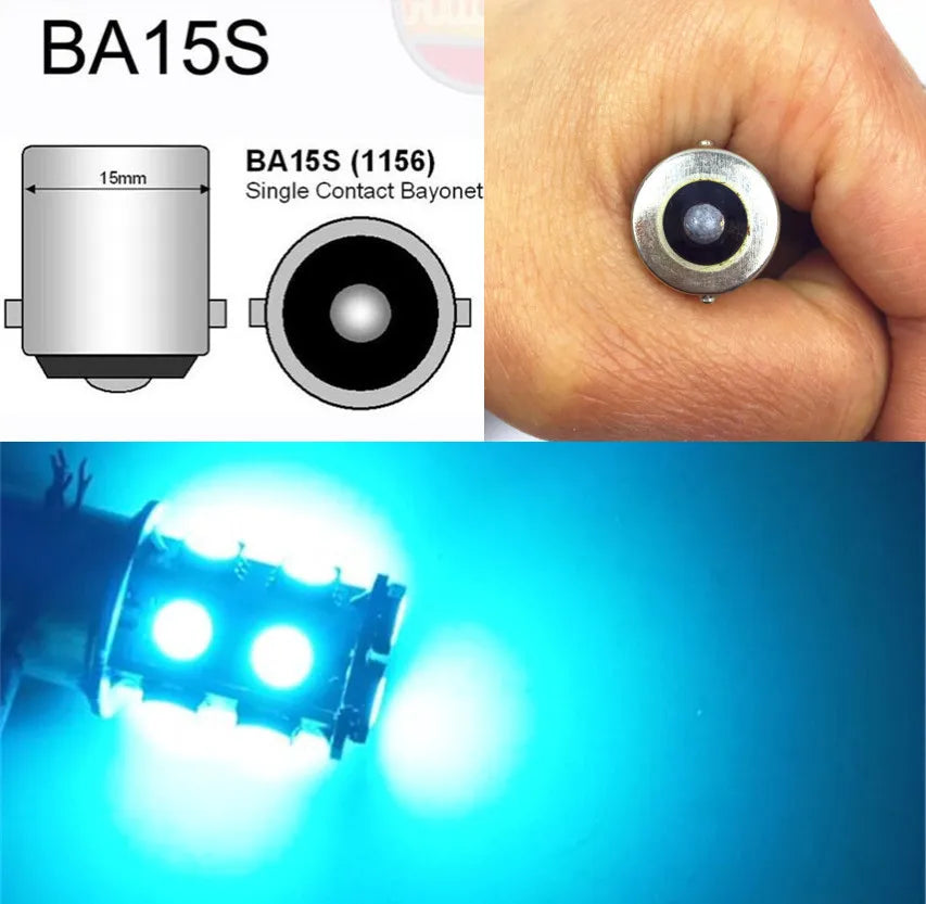 Primer plano de una bombilla de bayoneta de contacto simple BA15S y un indicador LED iluminado.