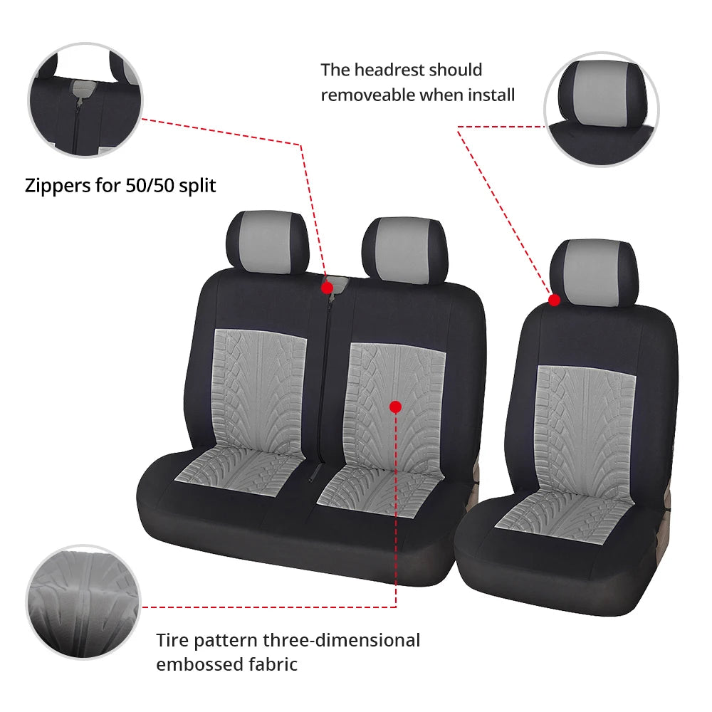 Black car seat covers for double front and 2+1 seating featuring zippers, embossed fabric, and removable headrests.