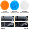 A set of orange flat pads, blue wave pads, and white woolen pads used for professional car polishing.